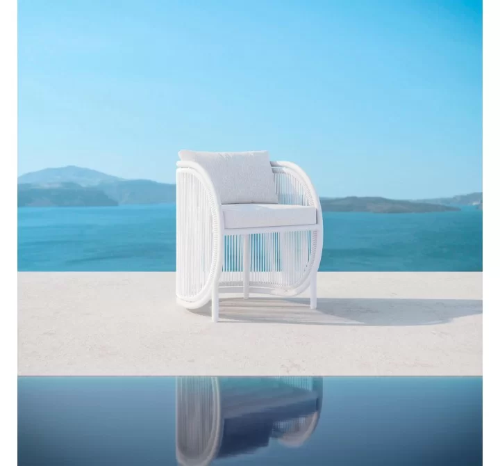 Azzurro Kamari Dining Chair With Matte White Aluminum and White Mist All-Weather Texteline Rope - Lifestyle