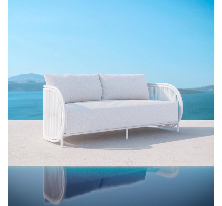 Azzurro Kamari 3 Seat Sofa With Matte White Aluminum Frame And White Mist All-Weather Texteline Rope - Lifestyle