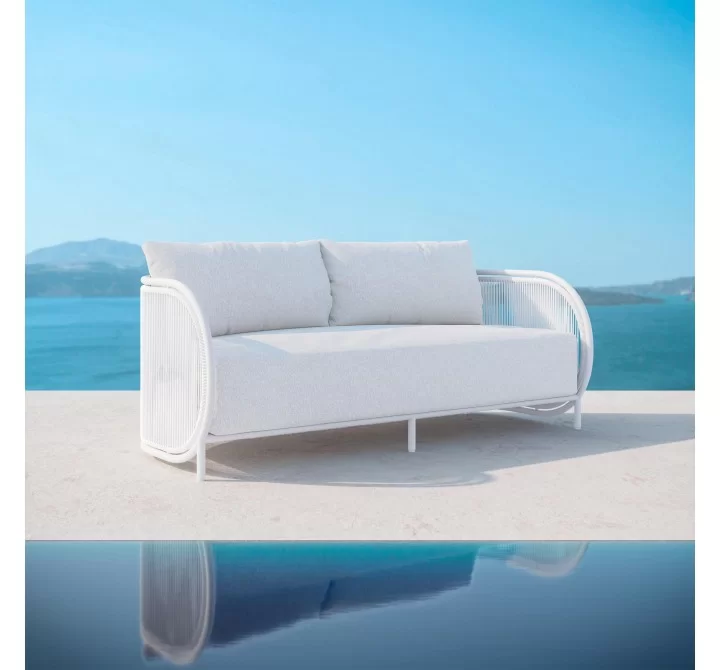 Azzurro Kamari 3 Seat Sofa With Matte White Aluminum Frame And White Mist All-Weather Texteline Rope - Lifestyle