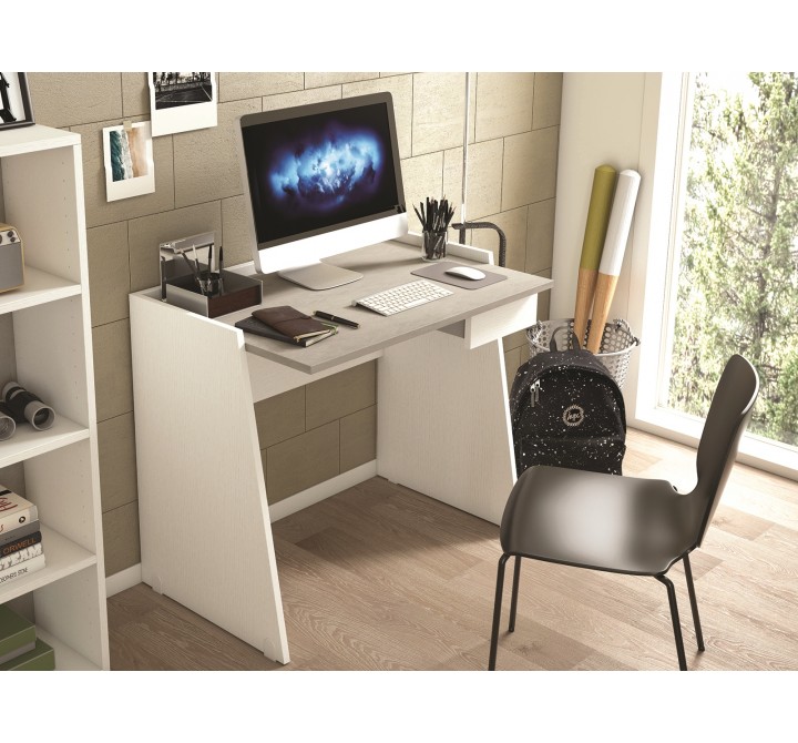 Casabianca MARCO Office Desk In White Wood Grain And Light Gray Concrete Melamine - Lifestyle 1 Top Angled