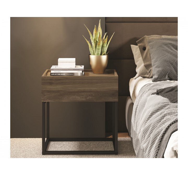 Casabianca NOA Nightstand In Dark Brown Oak Melamine With Black Painted Metal Frame - Liestyle