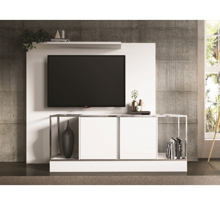 Noa Tall Entertainment Center In Matte White With Chromed Metal Frame - Lifestyle