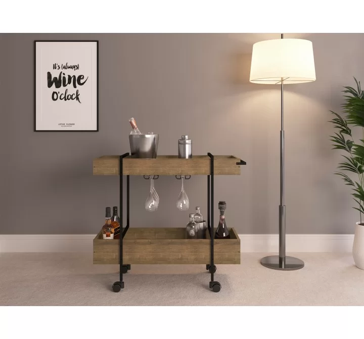 Casabianca PEAK Bar Cart In Walnut Melamine With Black Painted Metal Frame - Lifestyle