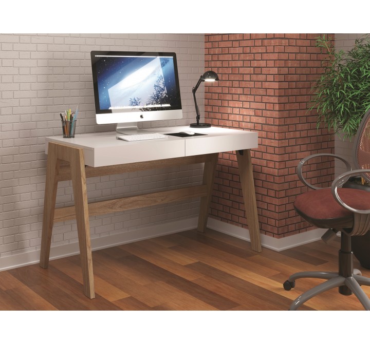 Casabianca BLANC Office Desk In White Melamine With Light Oak Legs - Lifestyle
