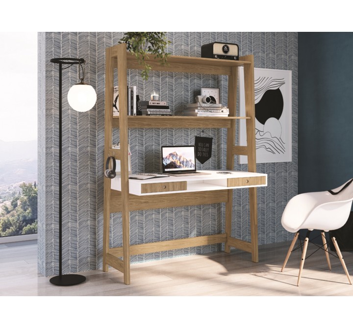 Casabianca TOWER DESK Office Desk In White Melamine With Built In Bookcase And Oak Legs - Lifestyle