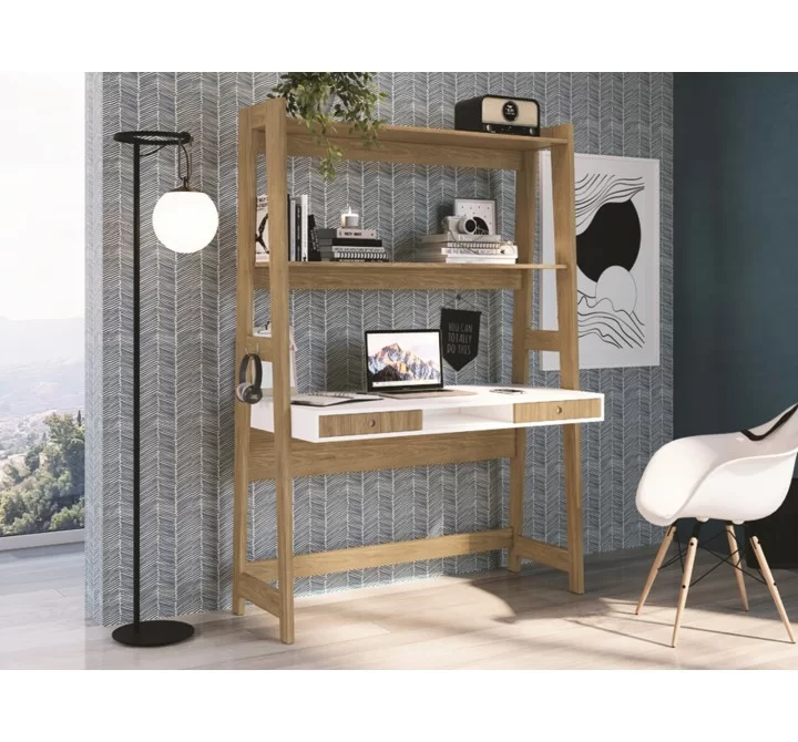 Casabianca TOWER DESK Office Desk In White Melamine With Built In Bookcase And Oak Legs - Lifestyle