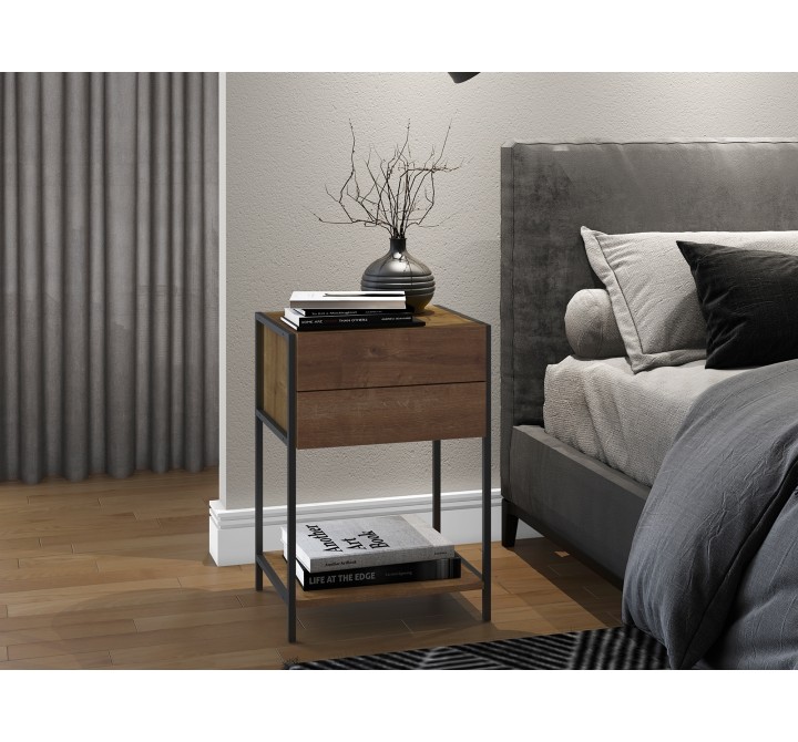 Casabianca CLARK Nightstand In Walnut Melamine With Black Painted Metal Frame - Lifestyle
