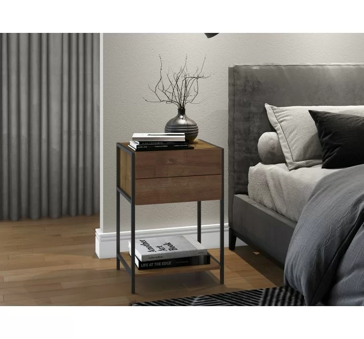 Casabianca CLARK Nightstand In Walnut Melamine With Black Painted Metal Frame - Lifestyle