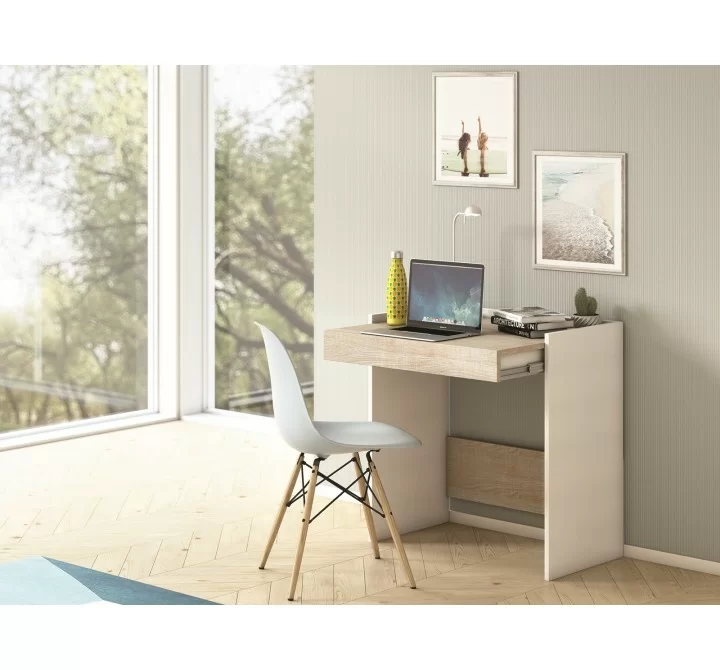 Lulu Office Desk In White And Light Oak Wood Grain Melamine - Lifestyle