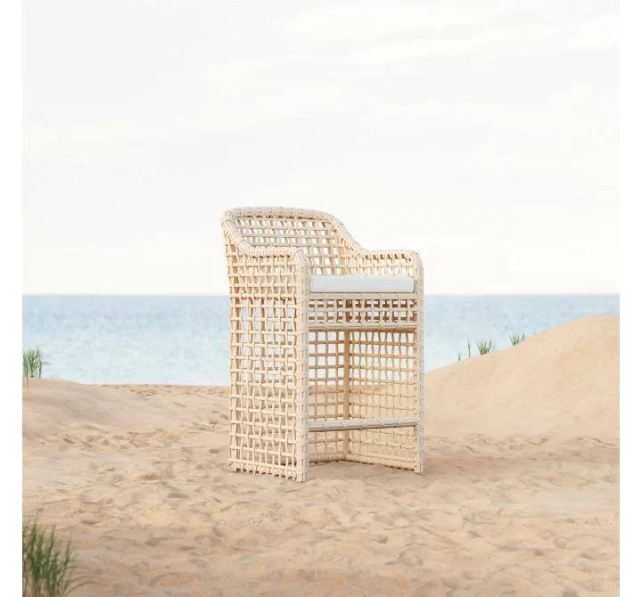 Azzurro Kiawah Bar Stool With Natural Aluminum Frame And Almond All-Weather Wicker - Lifestyle