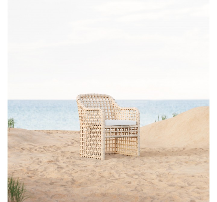 Azzurro Kiawah Dining Chair With Matte White Aluminum Frame and Almond All-Weather Wicker - Lifestyle