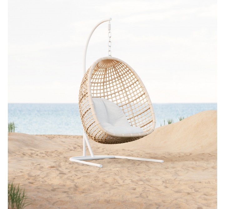 Azzurro Kiawah Hanging Chair With Matte White Aluminum Frame And Almond All-Weather Wicker - Lifestyle