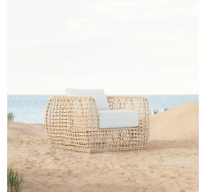 Azzurro Kiawah Club Chair In Matte White Aluminum and Almond All-Weather Wicker - Lifestyle