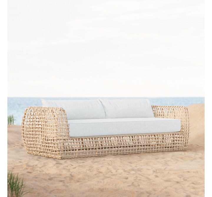 Azzurro Kiawah 3 Seat Sofa With Matte White Aluminum Frame and Almond All-Weather Wicker - Lifestyle