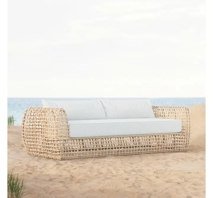 Azzurro Kiawah 3 Seat Sofa With Matte White Aluminum Frame and Almond All-Weather Wicker - Lifestyle