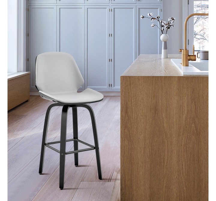 Armen Living Arabela 26" Gray Faux Leather and Black Wood Swivel Bar Stool