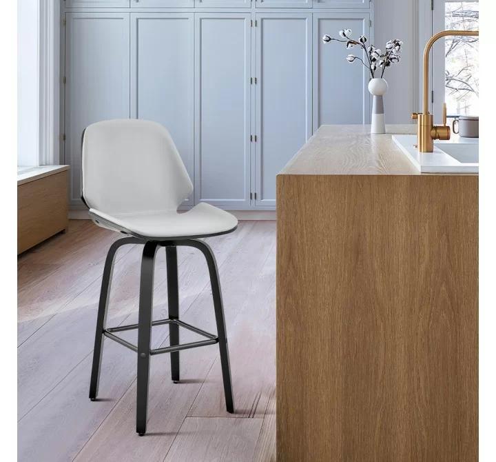 Armen Living Arabela 26" Gray Faux Leather and Black Wood Swivel Bar Stool