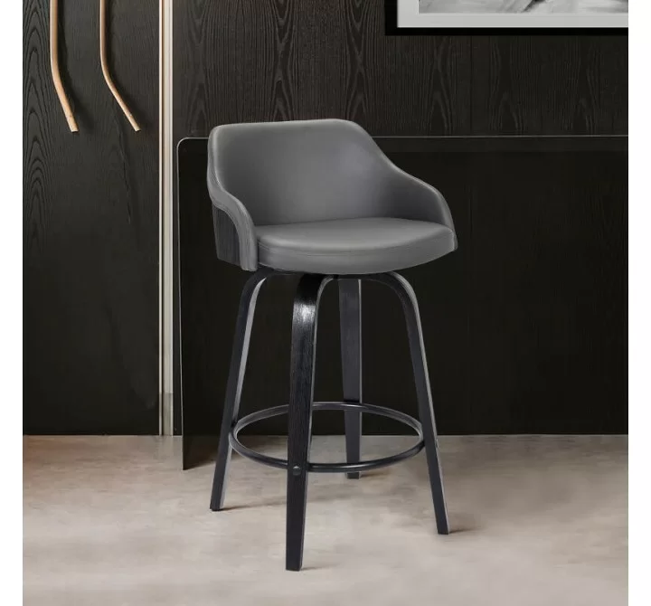 Armen Living Alec 26" Counter Height Swivel Grey Faux Leather and Black Wood Bar Stool