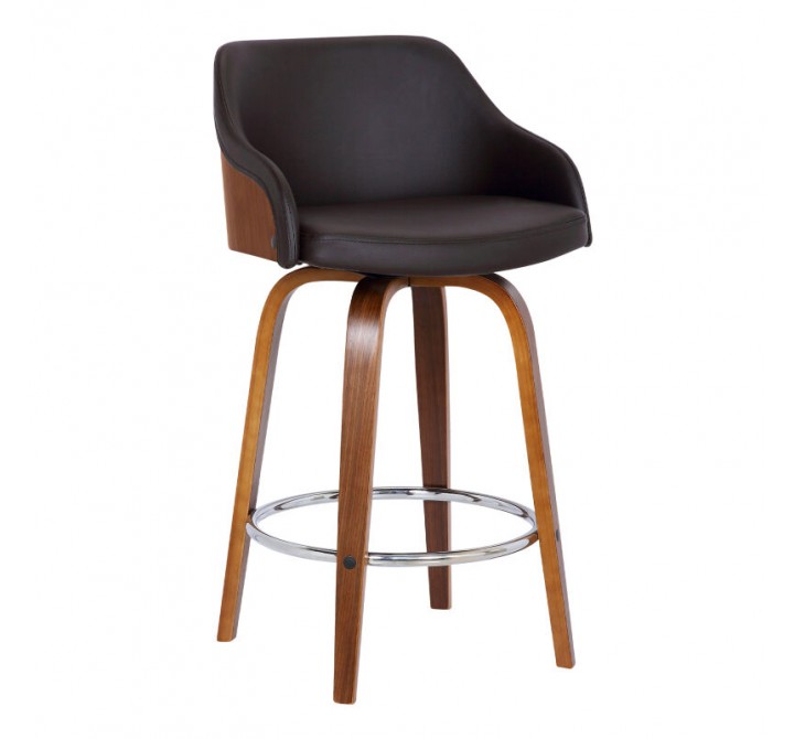 Armen Living Alec 30" Bar  Height Swivel Brown Faux Leather and Walnut Wood Bar Stool