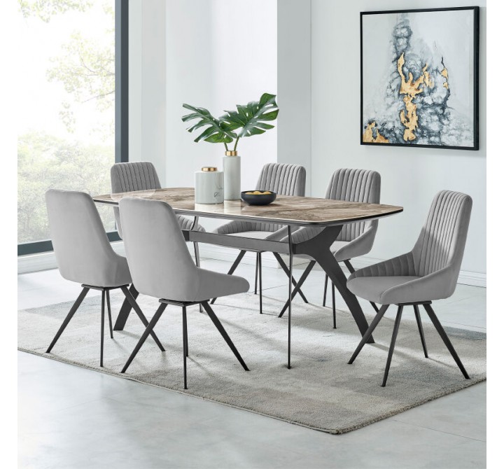 Armen Living Alison Swivel Gray Velvet and Metal Dining Room Chairs - Sets