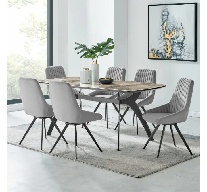 Armen Living Alison Swivel Gray Velvet and Metal Dining Room Chairs - Sets