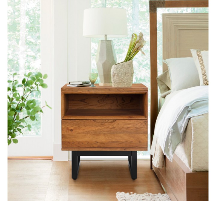 Armen Living Aldo 1 Drawer Nightstand In Brown Oak Wood With Black Metal Legs