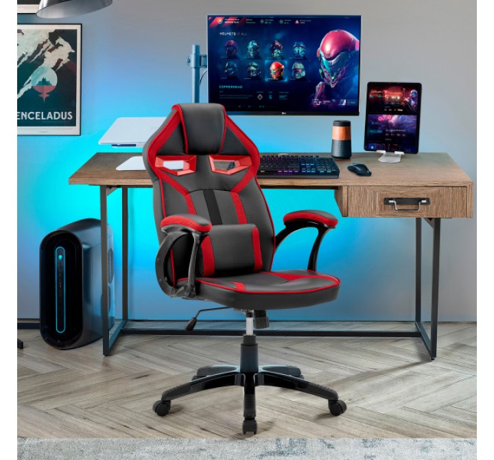 Aspect Adjustable Racing Gaming Chair in Black Faux Leather and Red Mesh with Lumbar Support Pillow