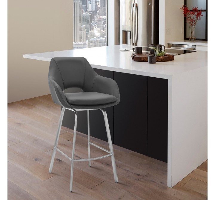 Armen Living Aura Gray Faux Leather and Brushed Stainless Steel Swivel 30" Bar Stool