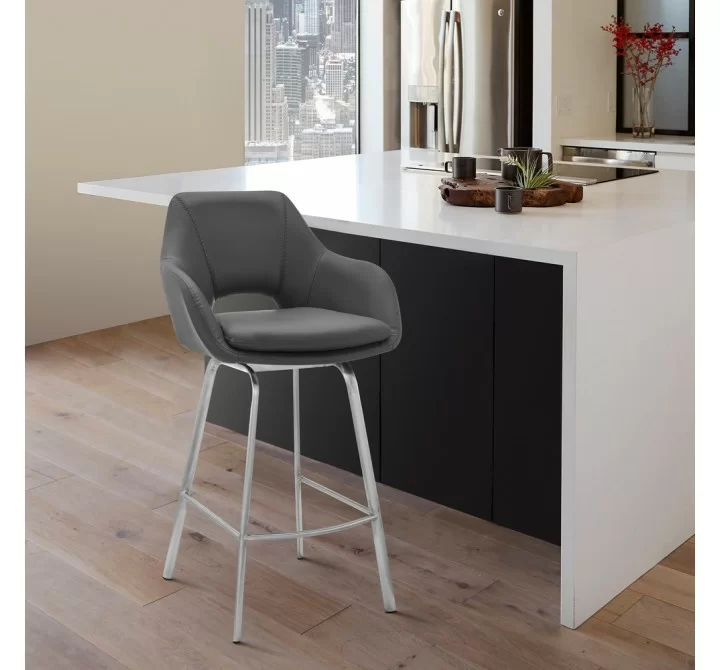 Armen Living Aura Gray Faux Leather and Brushed Stainless Steel Swivel 30" Bar Stool