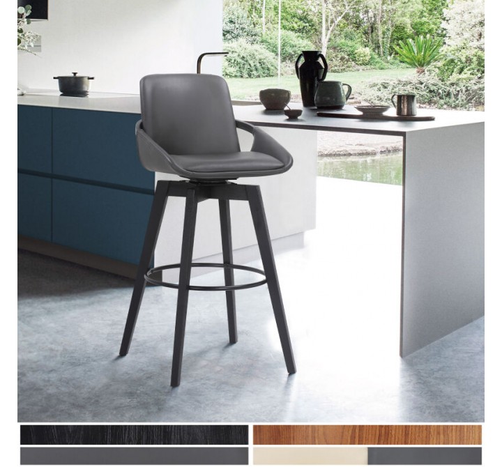 Armen Living Baylor Gray Faux Leather and Black Wood Swivel Bar Stool