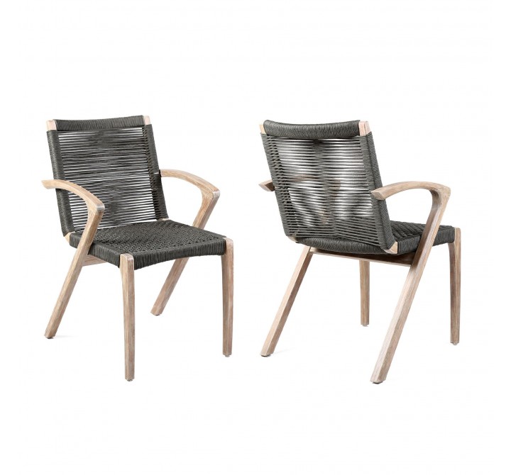 Brielle Outdoor Patio Eucalyptus Wood Dining Chairs in Dark Finish with Charcoal Rope - Set of 2