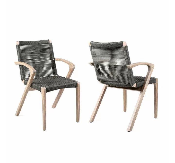 Brielle Outdoor Patio Eucalyptus Wood Dining Chairs in Dark Finish with Charcoal Rope - Set of 2