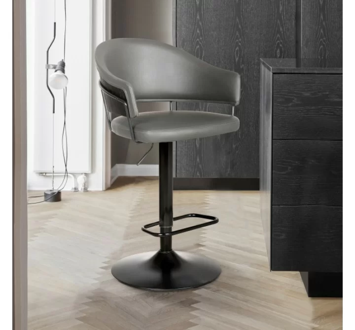 Armen Living Brody Adjustable Gray Faux Leather Swivel Barstool In Black Powder Coated Finish