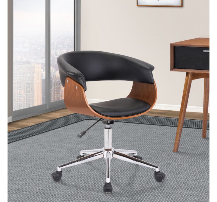 Bellevue Mid-Century Office Chair in Chrome Finish with Gray Faux Leather and Walnut Veneer