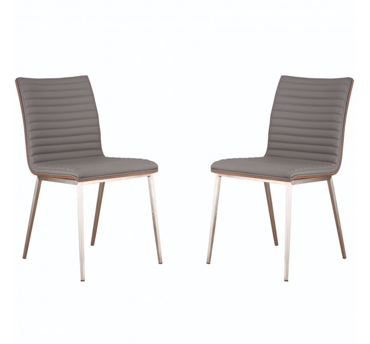 Armen Living Café Brushed Stainless Steel Dining Chair in Gray Faux Leather with Walnut Back - Set of 2 - Angled