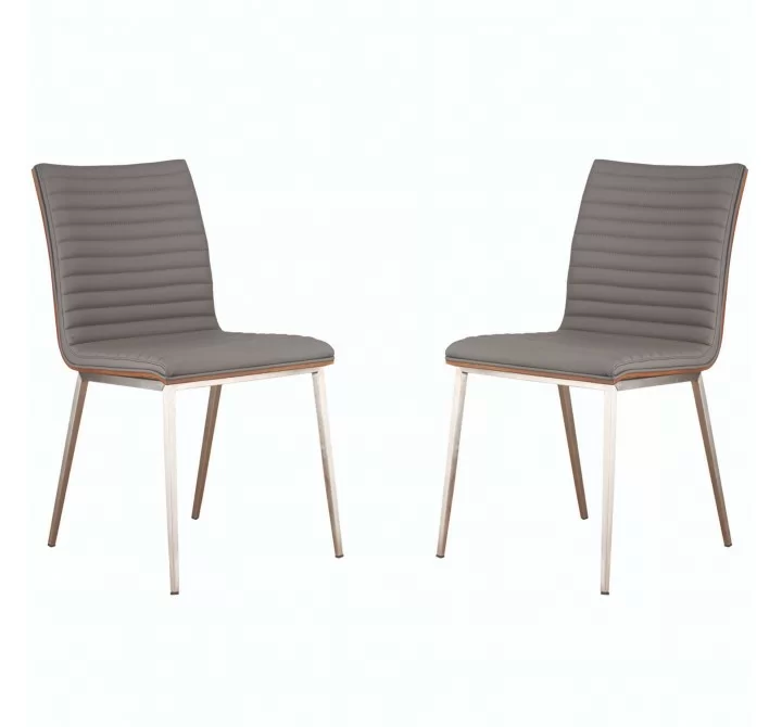 Armen Living Café Brushed Stainless Steel Dining Chair in Gray Faux Leather with Walnut Back - Set of 2 - Angled