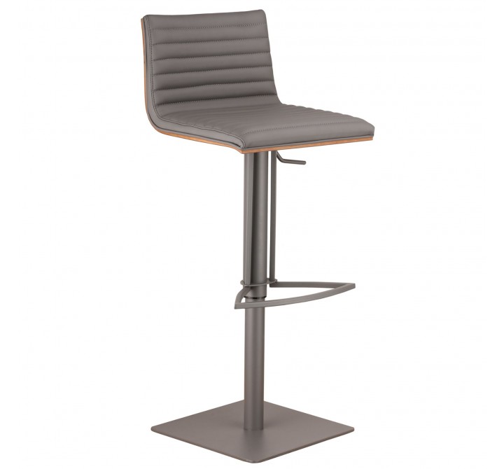 Café Adjustable Gray Metal Barstool in Gray Faux Leather with Walnut Back - Angled
