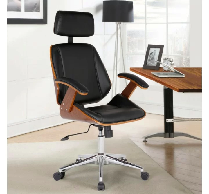 Armen Living Century Office Chair With Multifunctional Mechanism In Chrome finish With Black Faux Leather And Walnut Veneer Back