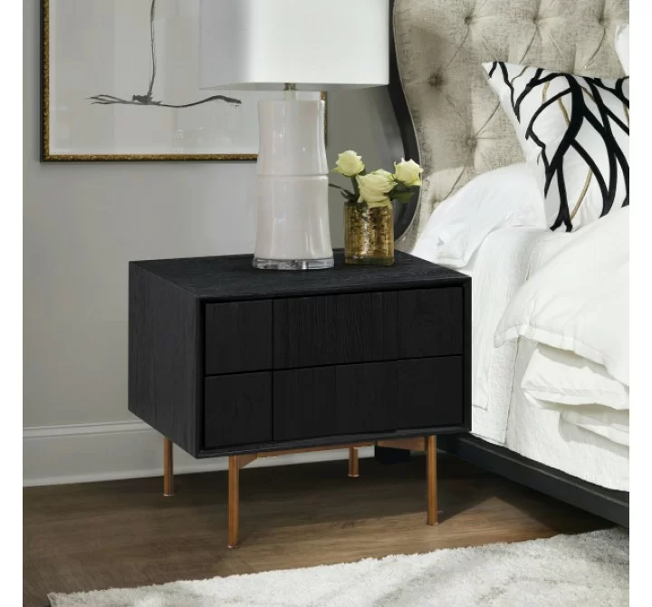 Armen Living Carnaby 2 Drawer Nightstand in Black Brushed Oak and Bronze