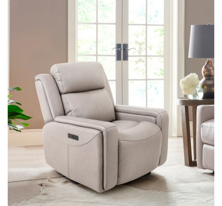 Armen Living Claude Dual Power Headrest and Lumbar Support Recliner Chair in Light Grey Genuine Leather