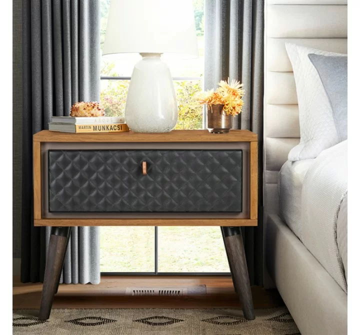 Armen Living Coco Rustic Single Drawer Oak Wood and Faux Leather Nightstand in Black