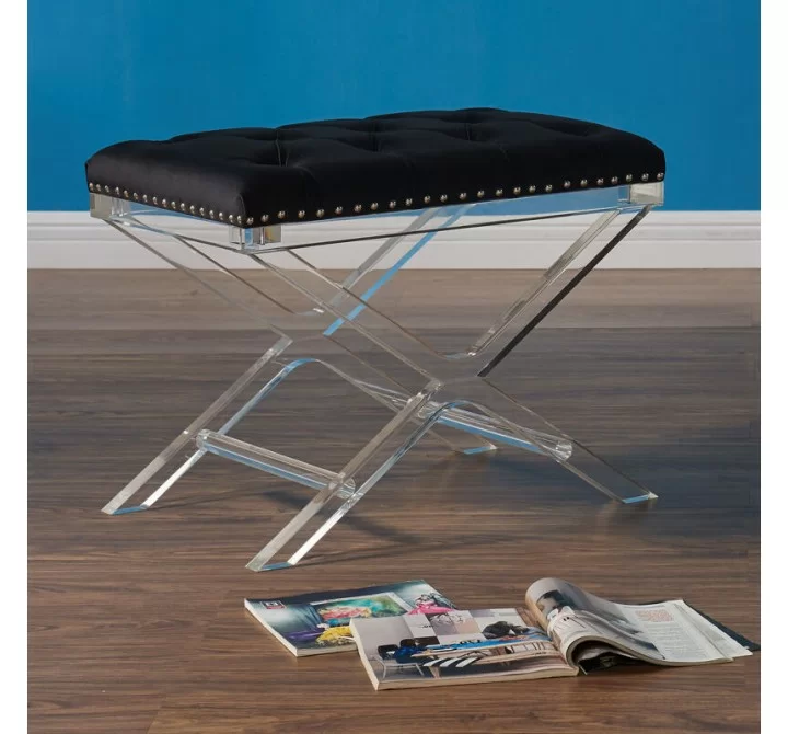 Armen Living Cody Modern and Contemporary Tufted Ottoman in Black Velvet with Acrylic Legs