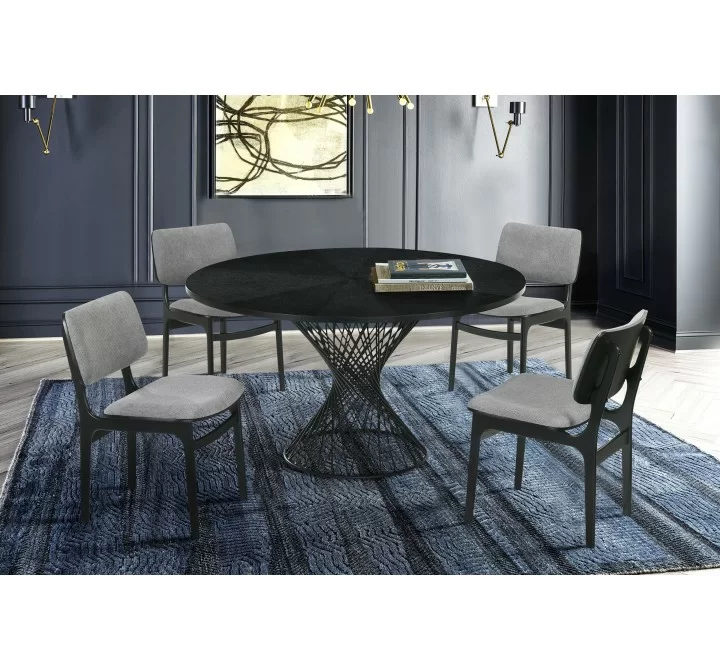 Cirque 54" Round Mid-Century Modern Pedestal Black Wood Dining Table with Epoxy Black Metal Base