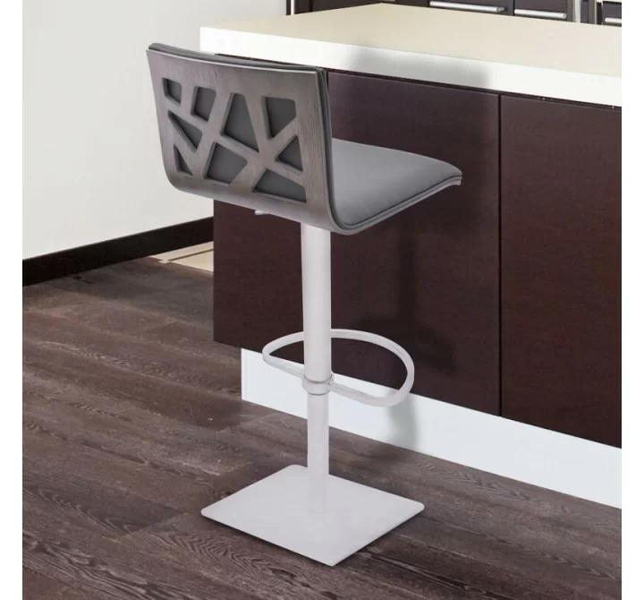 Armen Living Crystal Adjustable Swivel Barstool In Gray Faux Leather With Brushed Stainless Steel Finish And Gray Walnut Veneer Back