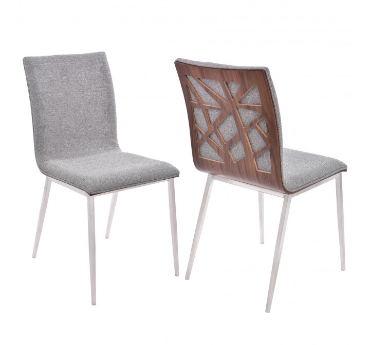 Armen Living Crystal Dining Chair in Brushed Stainless Steel finish with Grey Fabric and Walnut Back - Set of 2