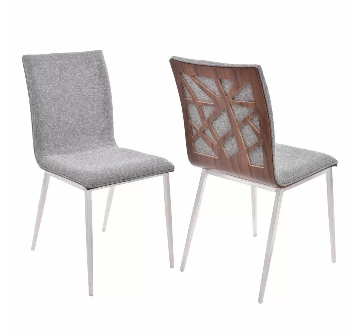 Armen Living Crystal Dining Chair in Brushed Stainless Steel finish with Grey Fabric and Walnut Back - Set of 2