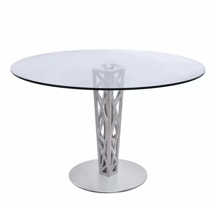 Crystal 48" Round Dining Table in Gray Walnut Veneer Column and Brushed Stainless Steel finish with Clear Tempered Glass Top