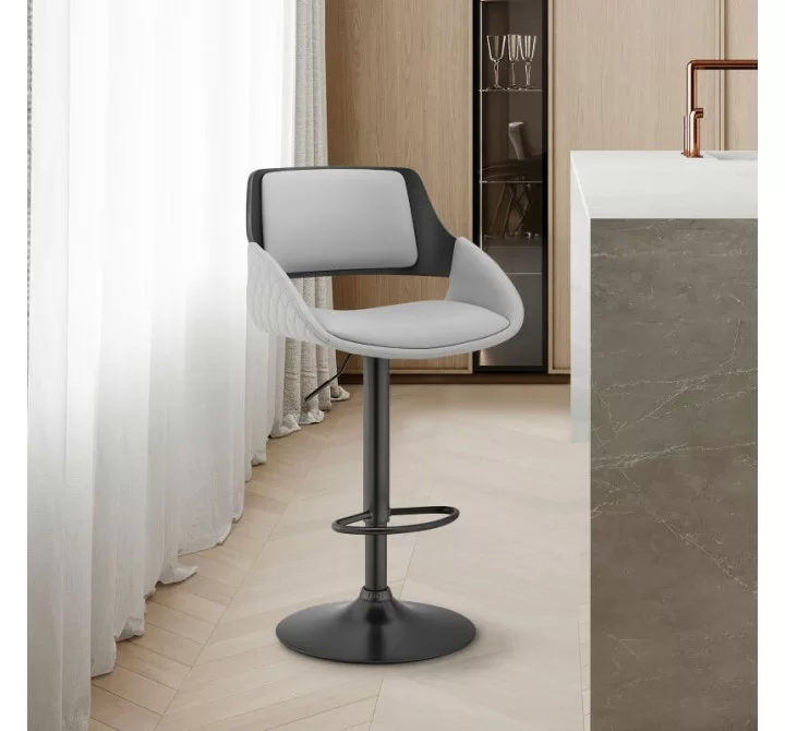 Armen Living Colby Adjustable Gray Faux Leather and Black Finish Bar Stool