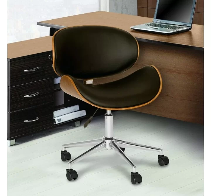Armen Living Daphne Modern Office Chair In Chrome Finish With Gray/Black Faux Leather And Walnut Veneer Back