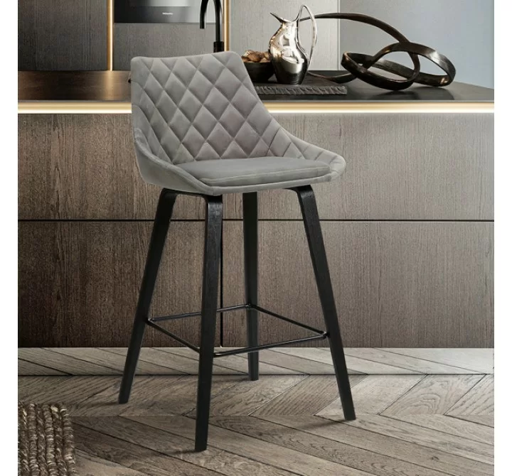 Armen Living Dani 26" Gray Velvet Barstool in Black Brushed Wood Finish